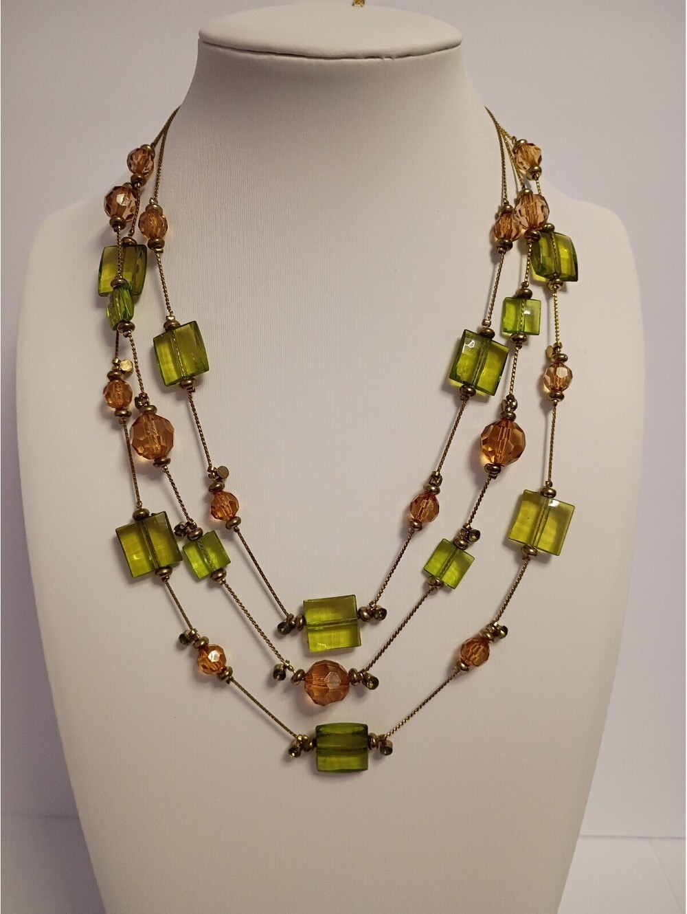 Mixit Gold Tone 3-Tier Layered Necklace NWT - Olive Green and Topaz Orange Beads